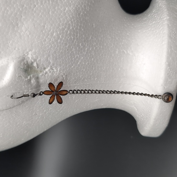 Silver Toned Long Drop Dangle Hook Earrings With Brown Tinted Glass Flower Focus - Picture 4 of 7